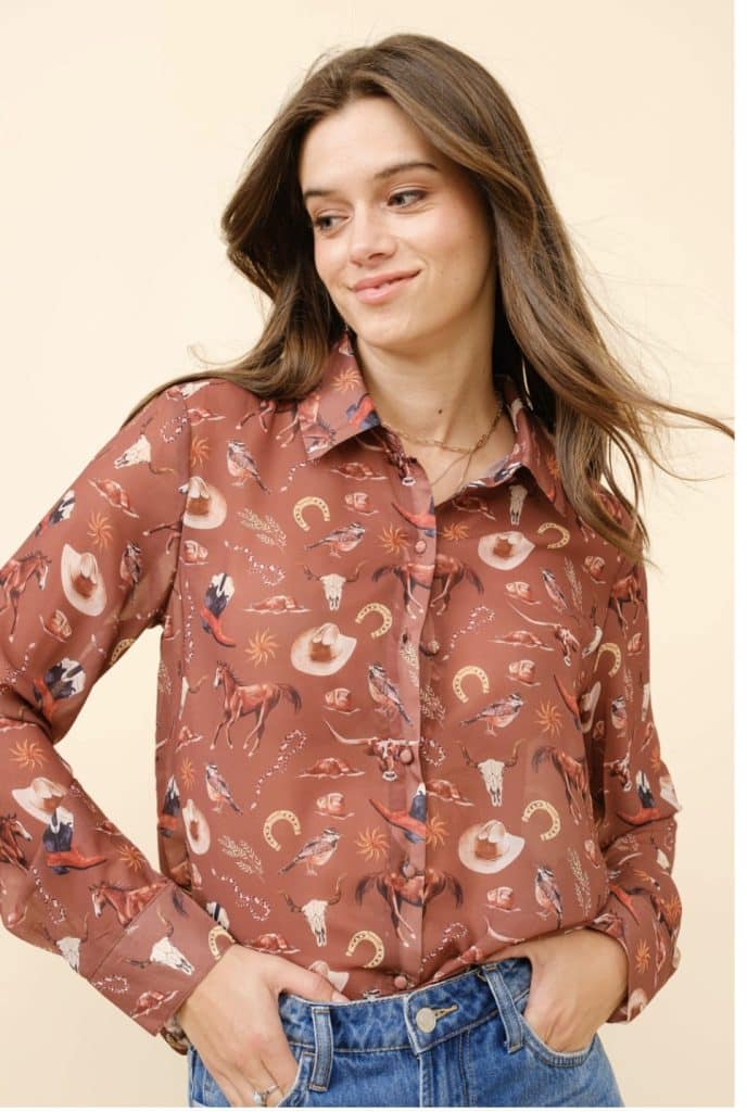 Western Blouse – Rust Brown Cowboy Print