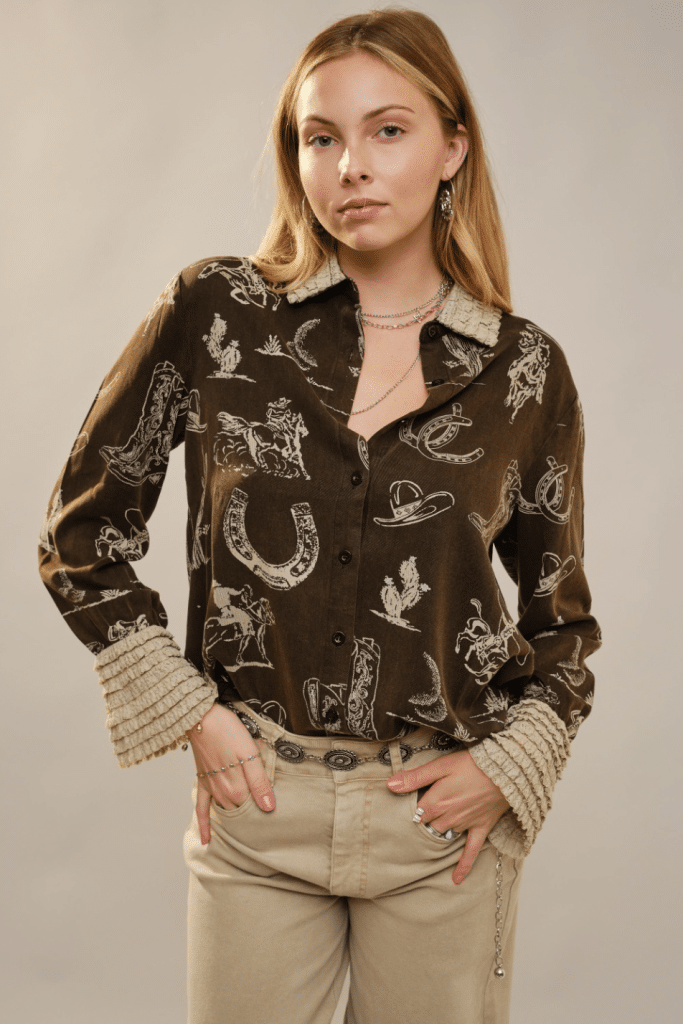 Western printed ruffle cuff shirt