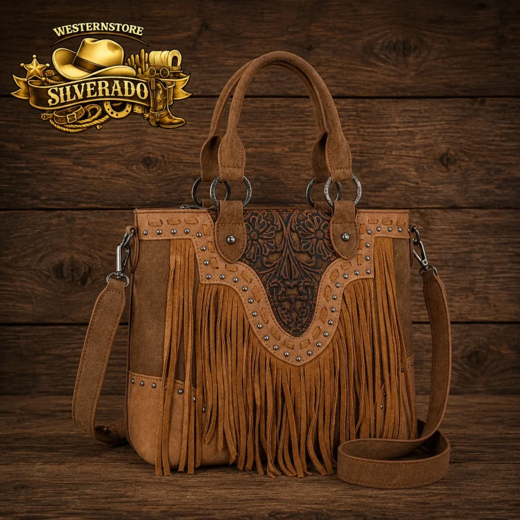 Ranch Florsl tooled fringe crossbody bag