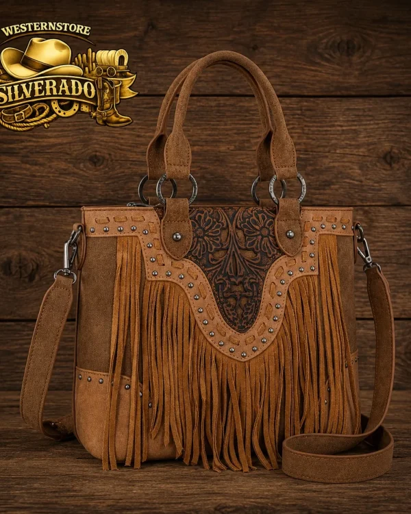 Ranch Florsl tooled fringe crossbody bag