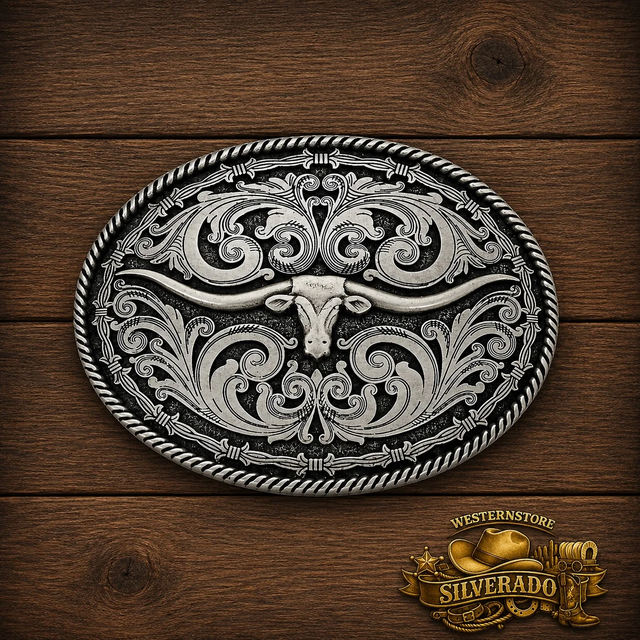 Rope and Barbed Wire Longhorn Buckle