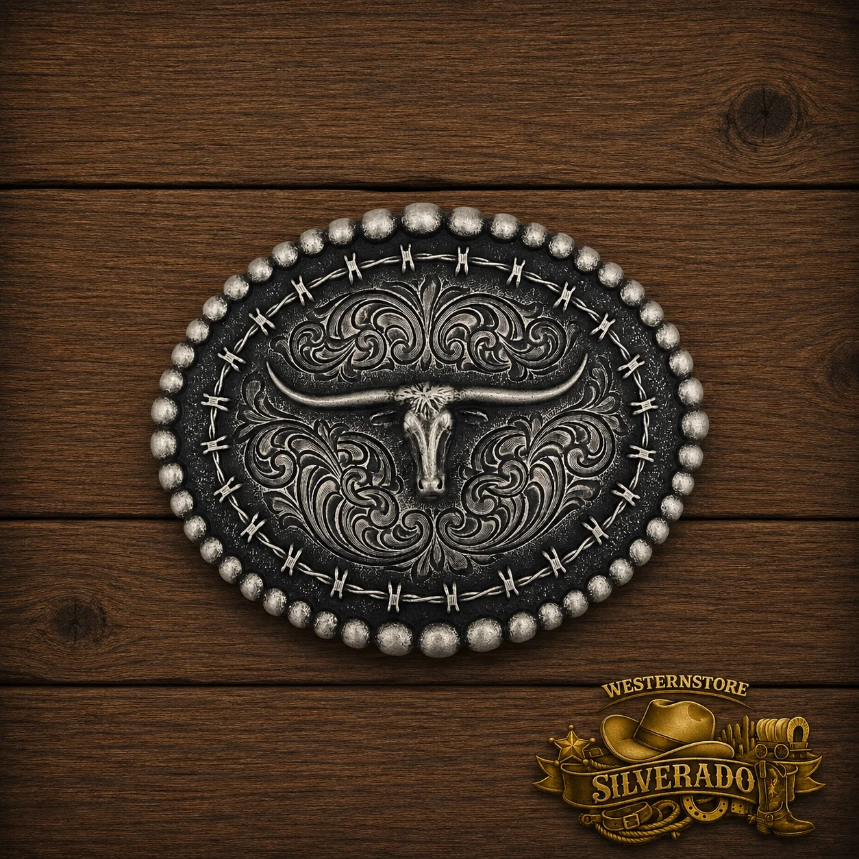 Rustic Barbed Wire Longhorn Buckle